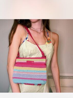 Colorful Pink Stripe Crochet Shoulder Bag